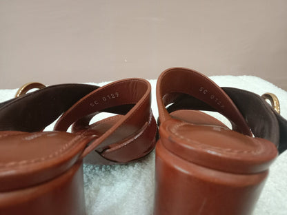 Louis Vuitton Horizon Block Heels Slide Sandals Monogram Leather Brown Size 36