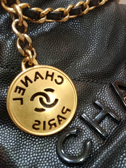 Chanel 22 Shiny Caviar Black Monochrome Mini Microchipped