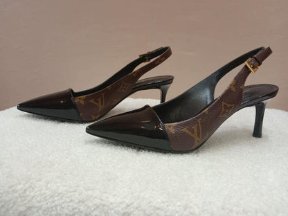 Louis Vuitton Archlight Slingback Pumps Toe Cap Patent Black Monogram Canvas Size 35.5