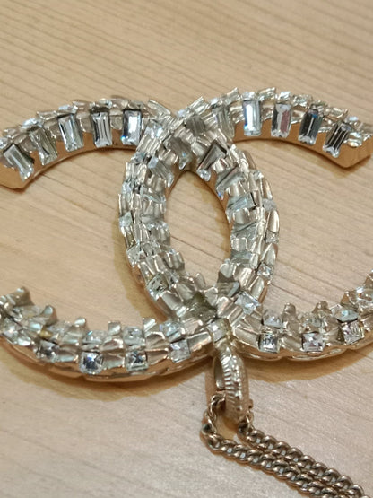 Chanel Crystal CC Pendant Crystal Necklace Silver