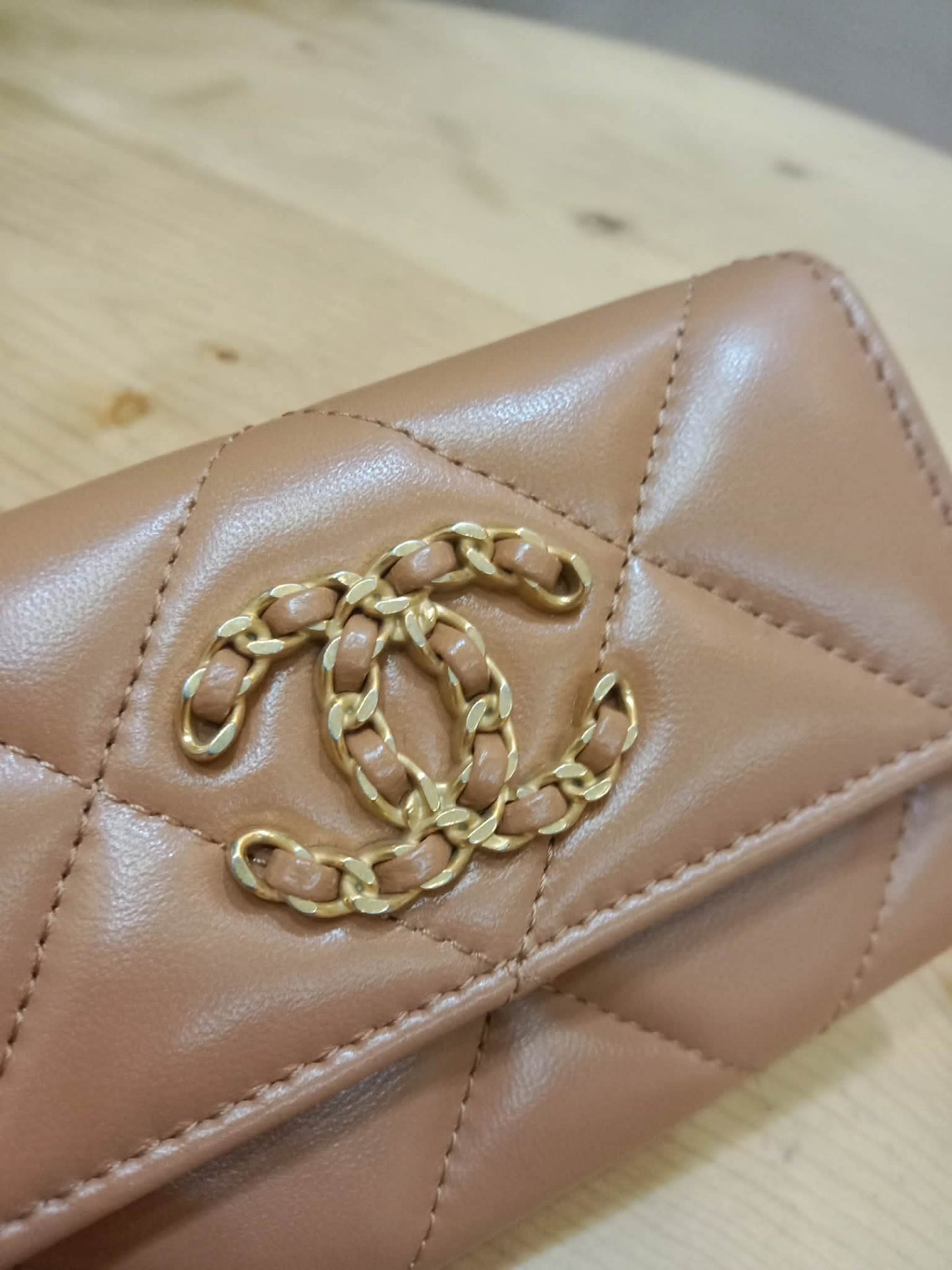 Chanel 19 Trifold Compact Wallet Quilted Lambskin Caramel Microchipped