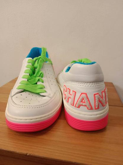 Chanel White Leather CC Lace-Up Sneakers Neon Multicolor Size 37