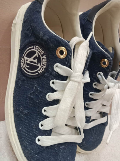 Louis Vuitton Time Out Sneakers Dark Blue Denim Monogram Embossed Pattern Size 37.5