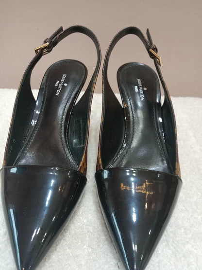 Louis Vuitton Archlight Slingback Pumps Toe Cap Patent Black Monogram Canvas Size 35.5