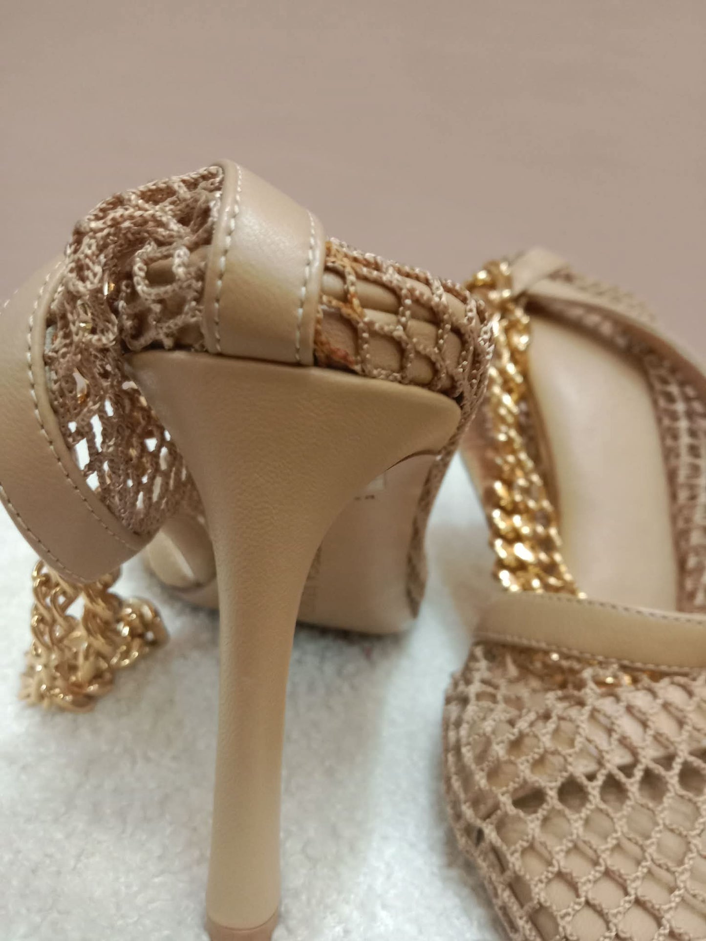 Bottega Veneta Mesh Nappa Chunky Chain Sandals Beige Size 36