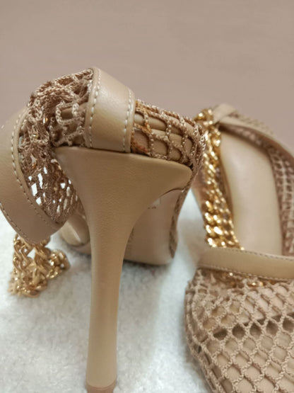 Bottega Veneta Mesh Nappa Chunky Chain Sandals Beige Size 36