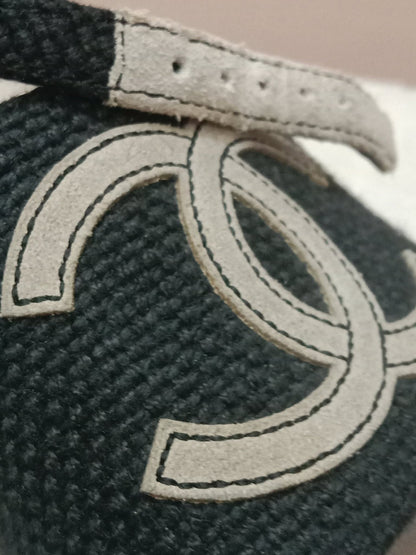 Chanel Wedge Sandals Black Canvas Embroidered Interlocking CC Logo Size 36