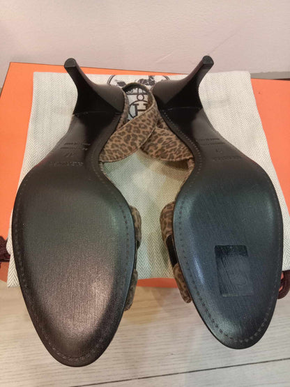 Hermes Leopard Print Suede Night Slingback Sandals Size 37