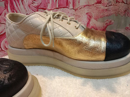 Chanel Interlocking CC Logo Metallic Gold/Beige Lace-up Sneakers with Black Cap Toe Size 35