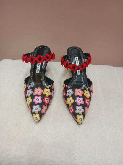 Manolo Blahnik Chamaca 70 Floral Print inen Mule Heels Size 36