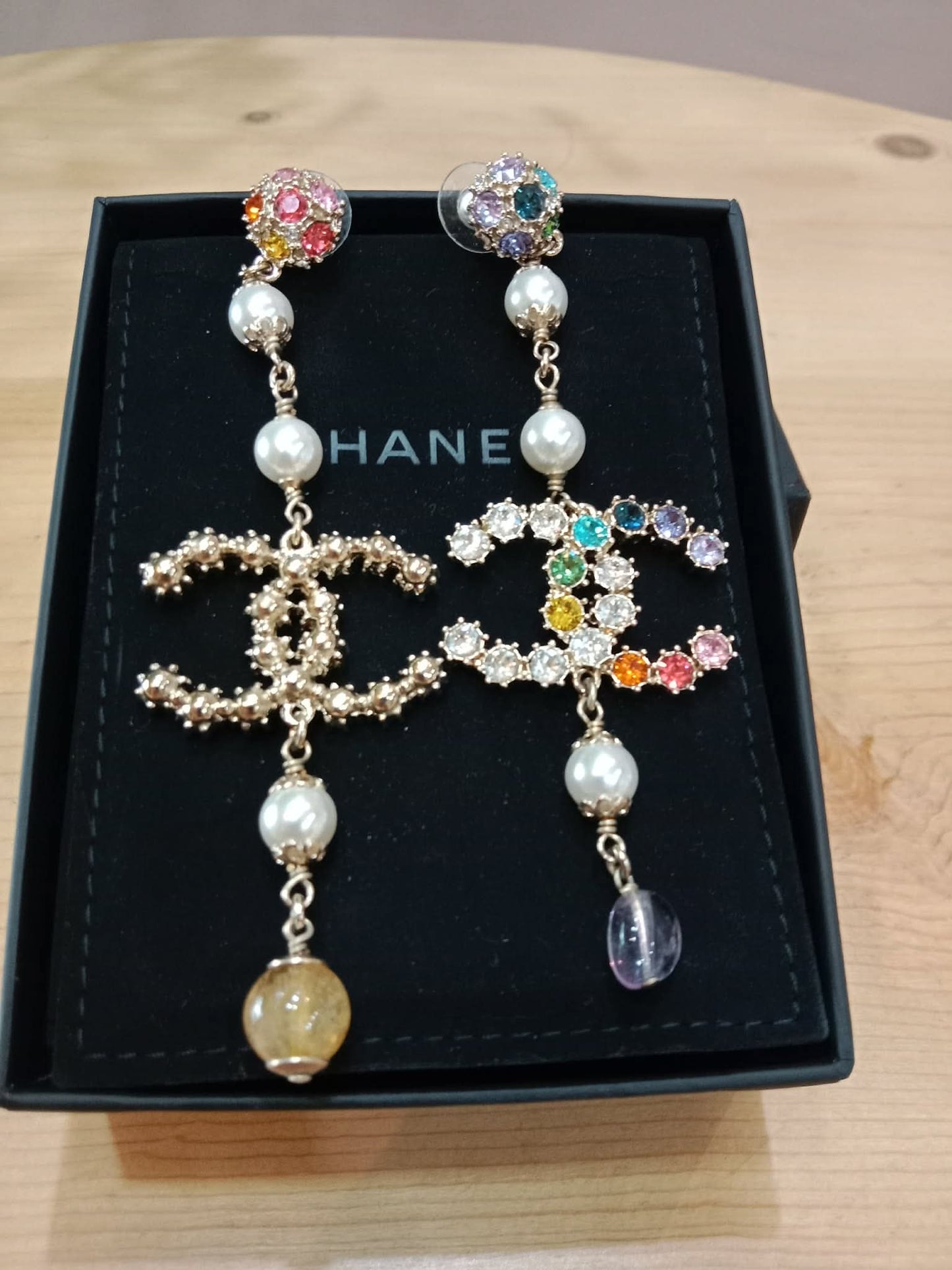 Chanel Rainbow Crystal CC Drop Earrings