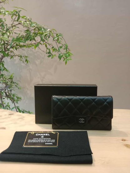 Chanel Black Lambskin Tri-Fold Long Wallet Series 13