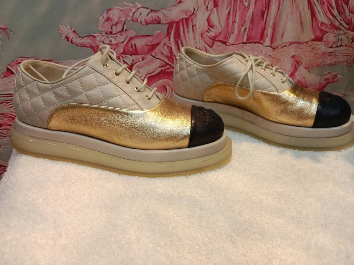 Chanel Interlocking CC Logo Metallic Gold/Beige Lace-up Sneakers with Black Cap Toe Size 35