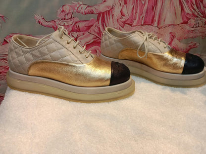Chanel Interlocking CC Logo Metallic Gold/Beige Lace-up Sneakers with Black Cap Toe Size 35