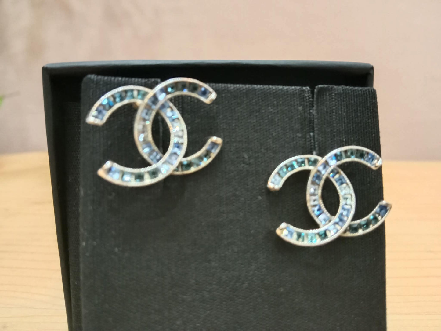 Chanel CC Silver Blue Princess Crystal Stud Earrings