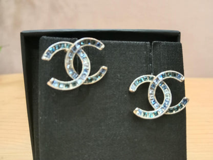 Chanel CC Silver Blue Princess Crystal Stud Earrings