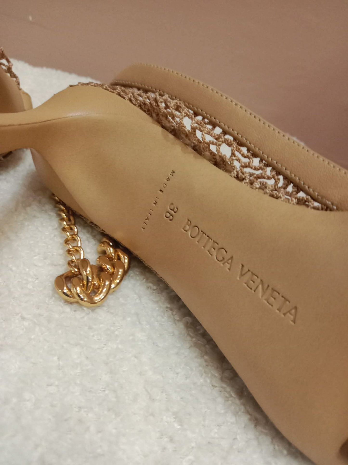 Bottega Veneta Mesh Nappa Chunky Chain Sandals Beige Size 36