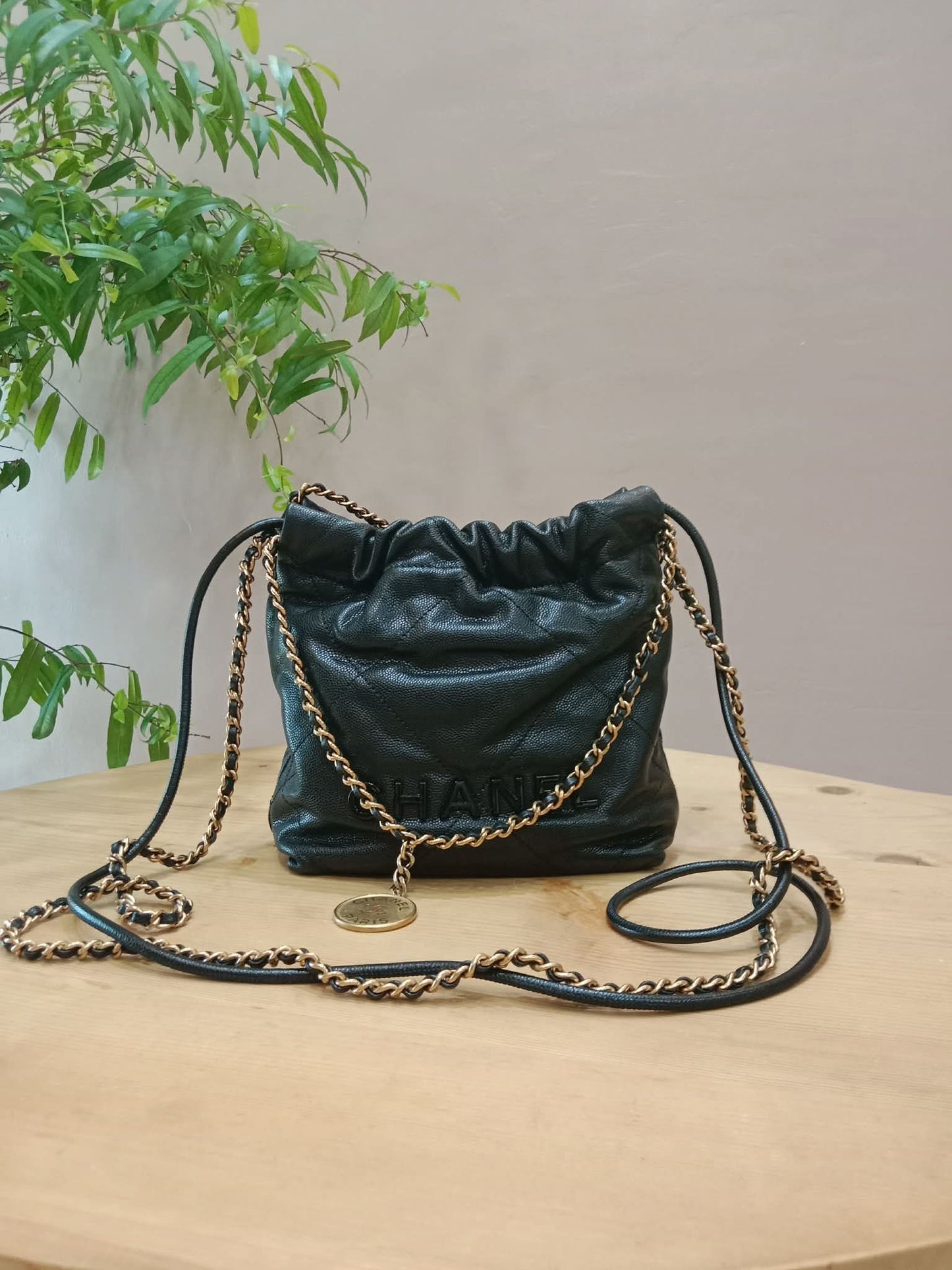 Chanel 22 Shiny Caviar Black Monochrome Mini Microchipped