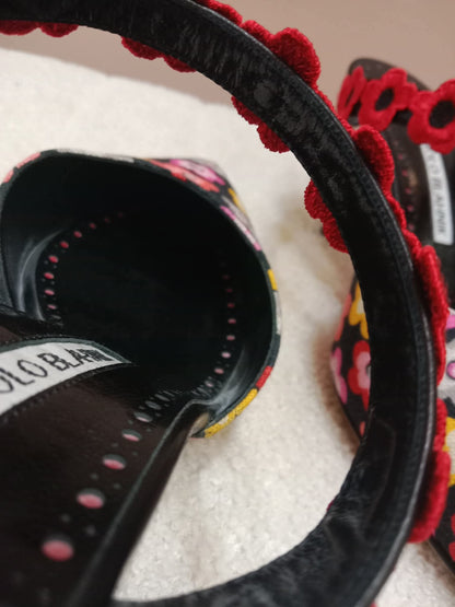 Manolo Blahnik Chamaca 70 Floral Print inen Mule Heels Size 36