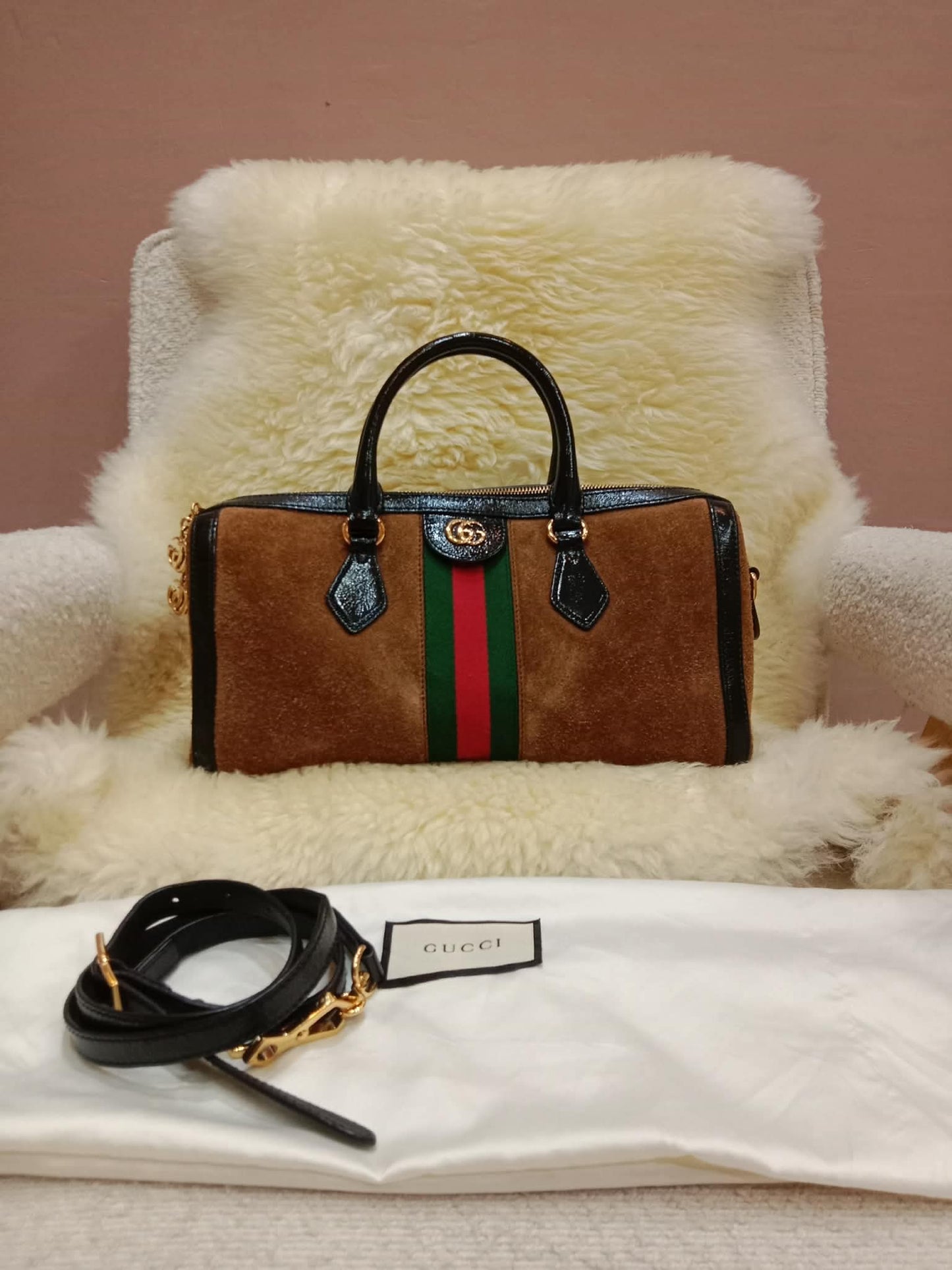 Gucci Ophidia Brown Suede Boston Bag