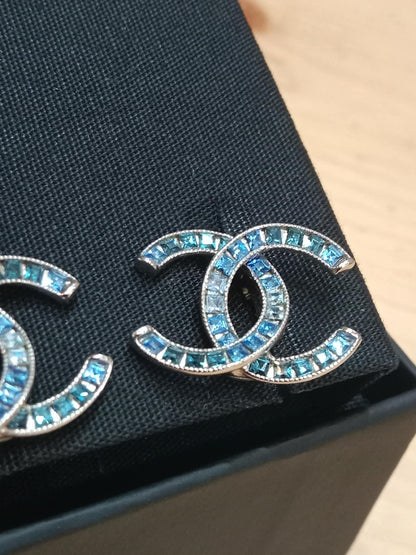 Chanel CC Silver Blue Princess Crystal Stud Earrings