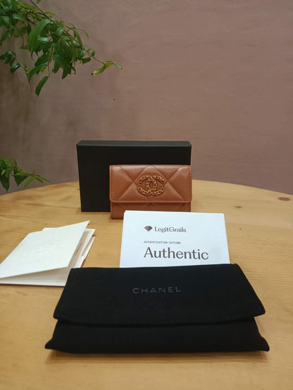 Chanel 19 Trifold Compact Wallet Quilted Lambskin Caramel Microchipped
