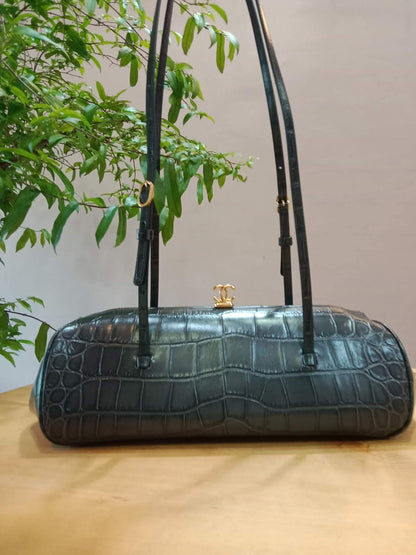 Chanel Crocodile Embossed Calfskin Clutch with Leather Strap Microchipped