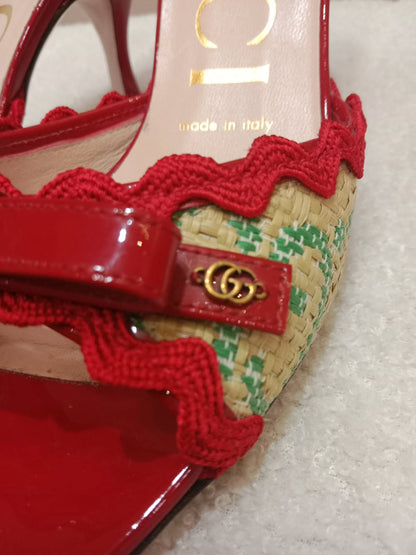 Gucci Kertu Mule Heels Red Patent Leather Trim and Bow Detail Size 36