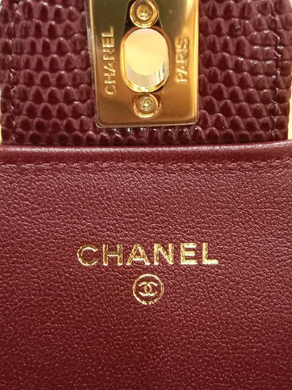 Chanel Tophandle Lizard Embossed Calfskin Clutch Dar Burgundy Microchipped