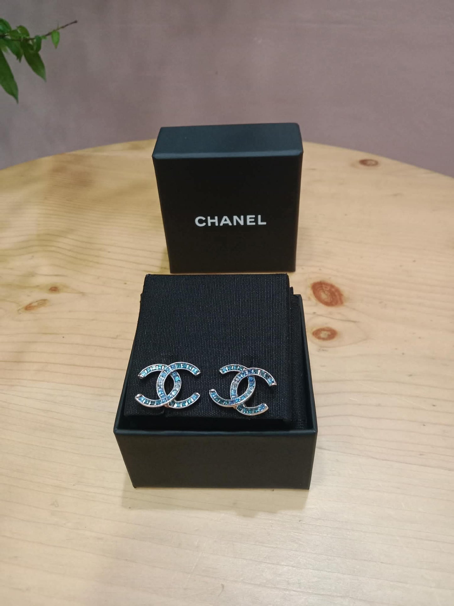 Chanel CC Silver Blue Princess Crystal Stud Earrings