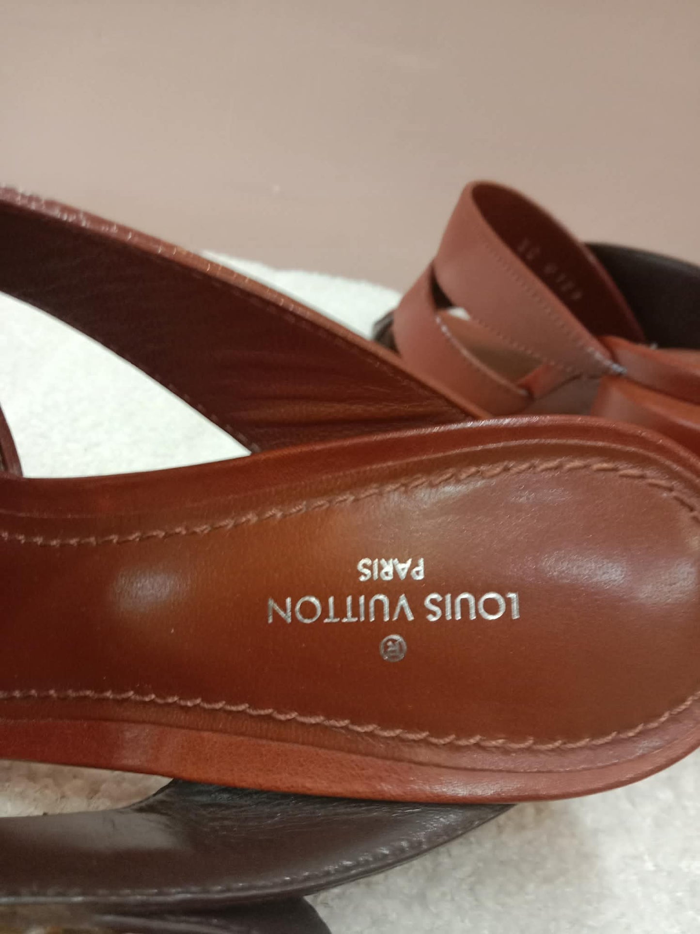 Louis Vuitton Horizon Block Heels Slide Sandals Monogram Leather Brown Size 36