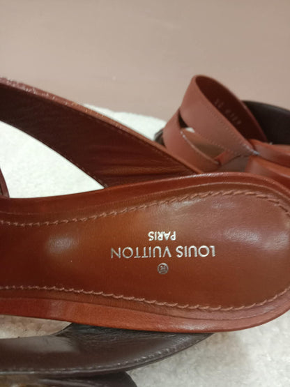 Louis Vuitton Horizon Block Heels Slide Sandals Monogram Leather Brown Size 36