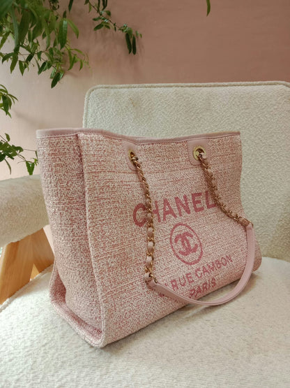 Chanel Deauville Tote Tweed Pink Microchipped