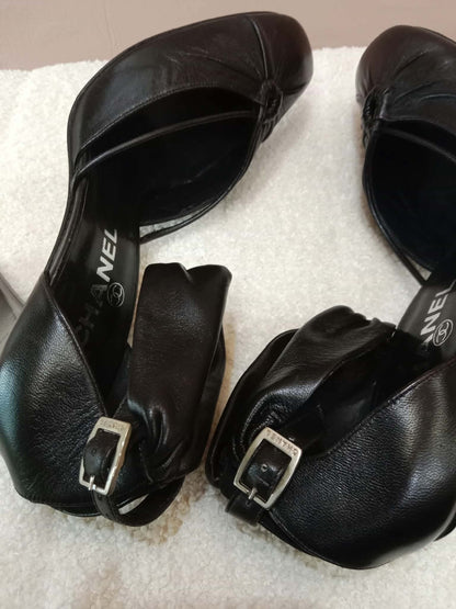 Chanel Black Leather Heels Knotted Toe Design and Draped Ankle Cuff Black Size 38
