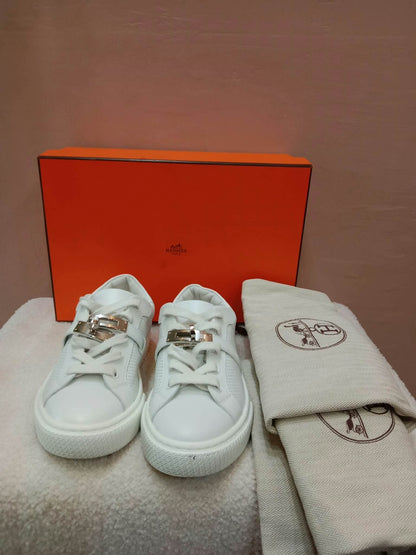 Hermes Day White Kelly Sneakers Rose Gold Buckle Size 35
