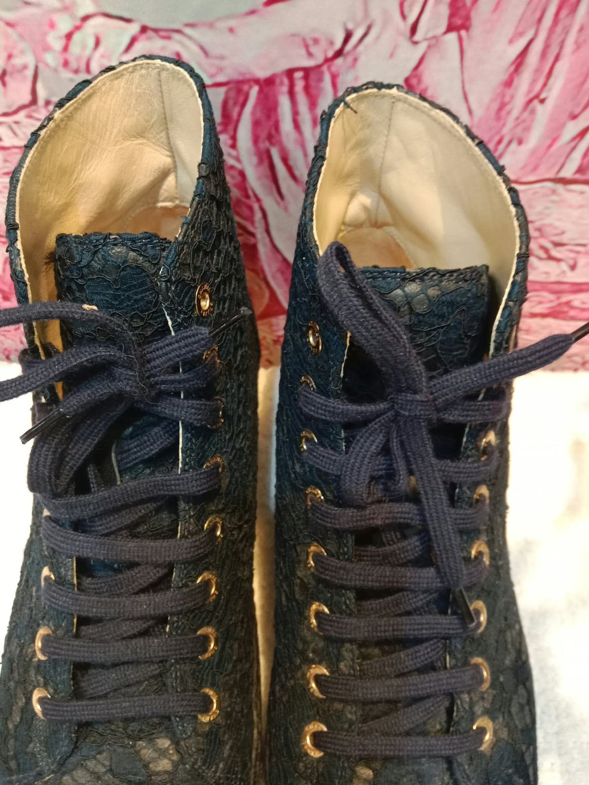 Chanel Navy Blue Floral Lace-Embossed Fabric Hih Top Sneakers Size 37 1/2
