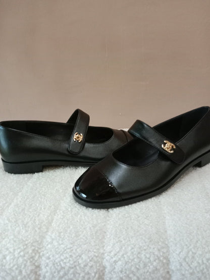 Chanel Mary Jane CC Clasp Flats Black Size 36.5