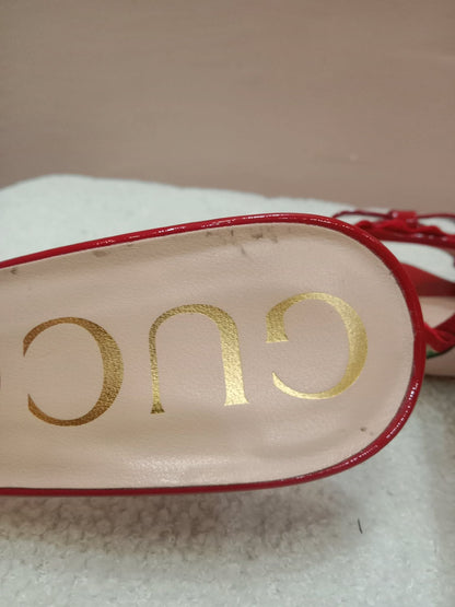 Gucci Kertu Mule Heels Red Patent Leather Trim and Bow Detail Size 36