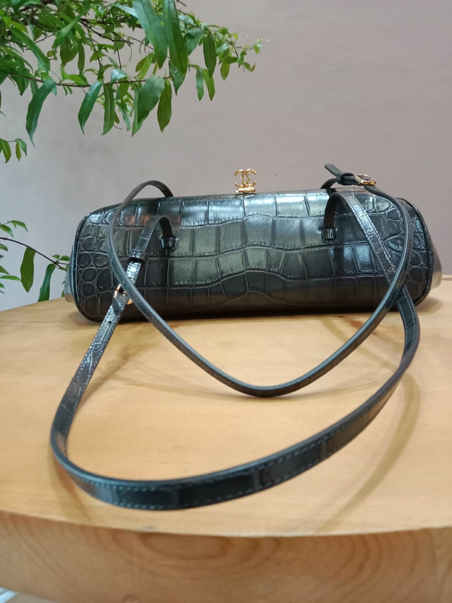 Chanel Crocodile Embossed Calfskin Clutch with Leather Strap Microchipped