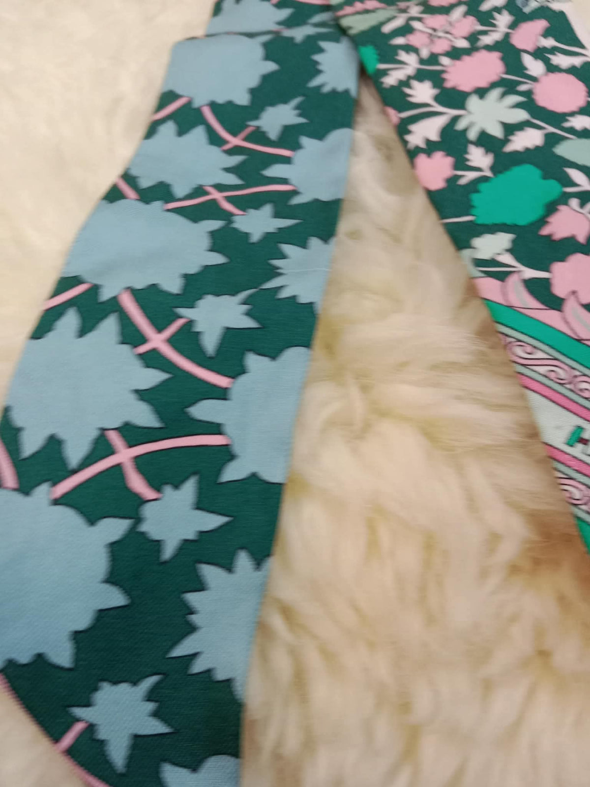 Hermes Tapis Persans Silk Twilly Scarf Featuring an Intricate Floral Pattern in Teal Green/Blue/Pink