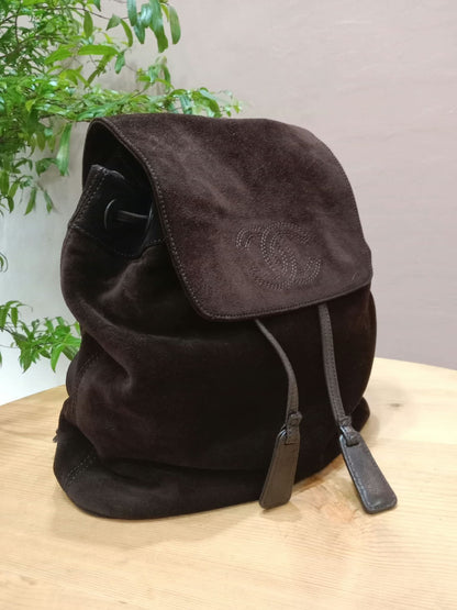 Chanel Vintage Karl Lagerfeld Dark Brown Suede Backpack featuring stitched CC Logo Flap Series 5