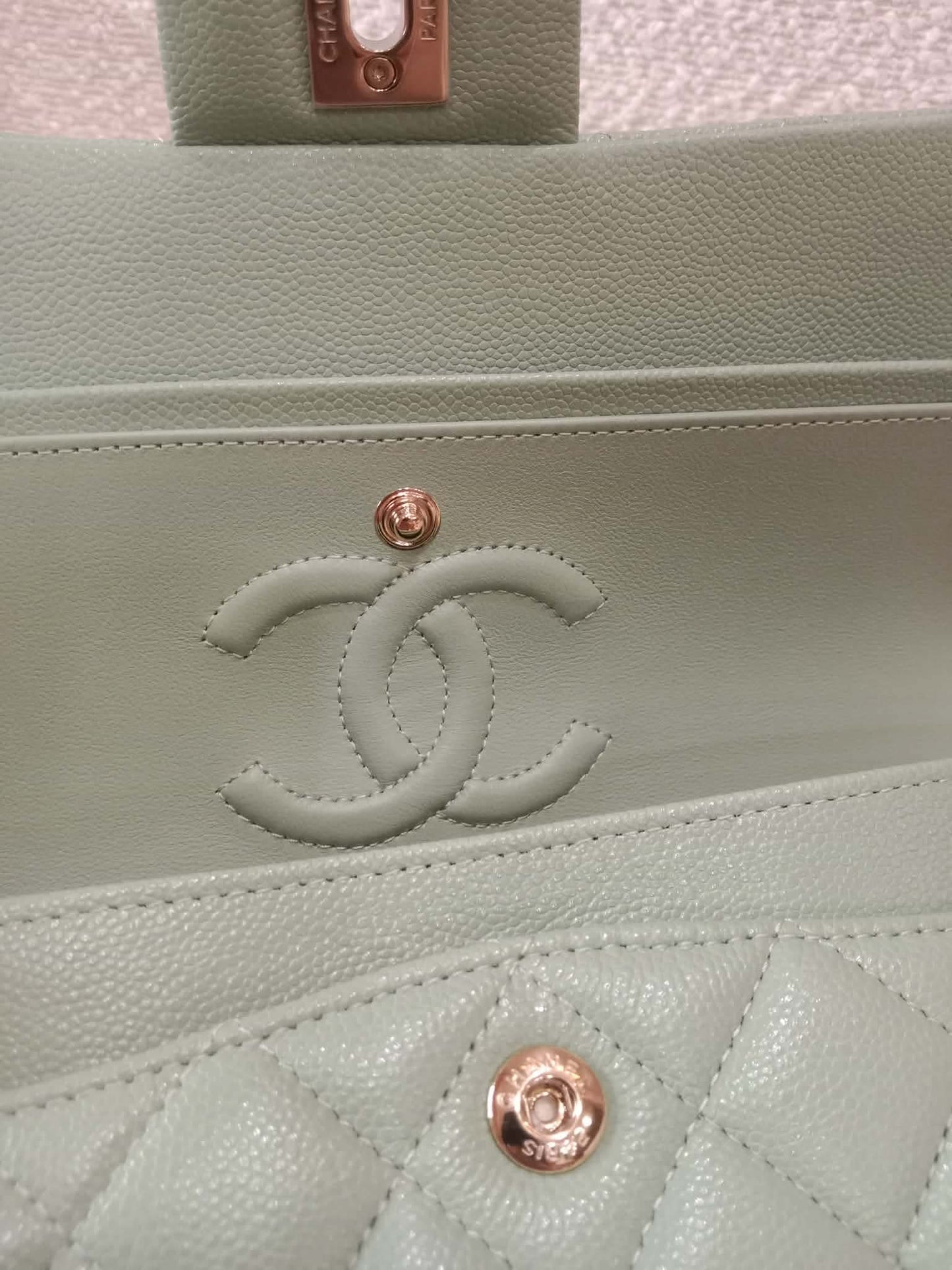 Chanel 24C Timeless Classic Double Flap Caviar Green Caviar Microchipped