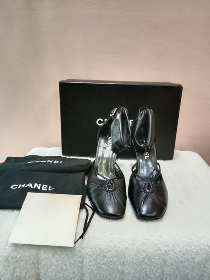 Chanel Black Leather Heels Knotted Toe Design and Draped Ankle Cuff Black Size 38