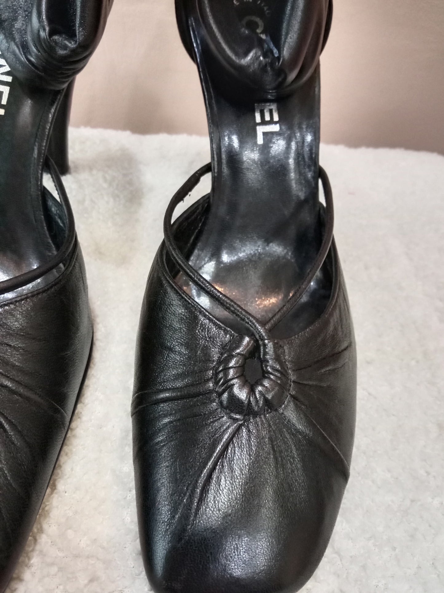 Chanel Black Leather Heels Knotted Toe Design and Draped Ankle Cuff Black Size 38