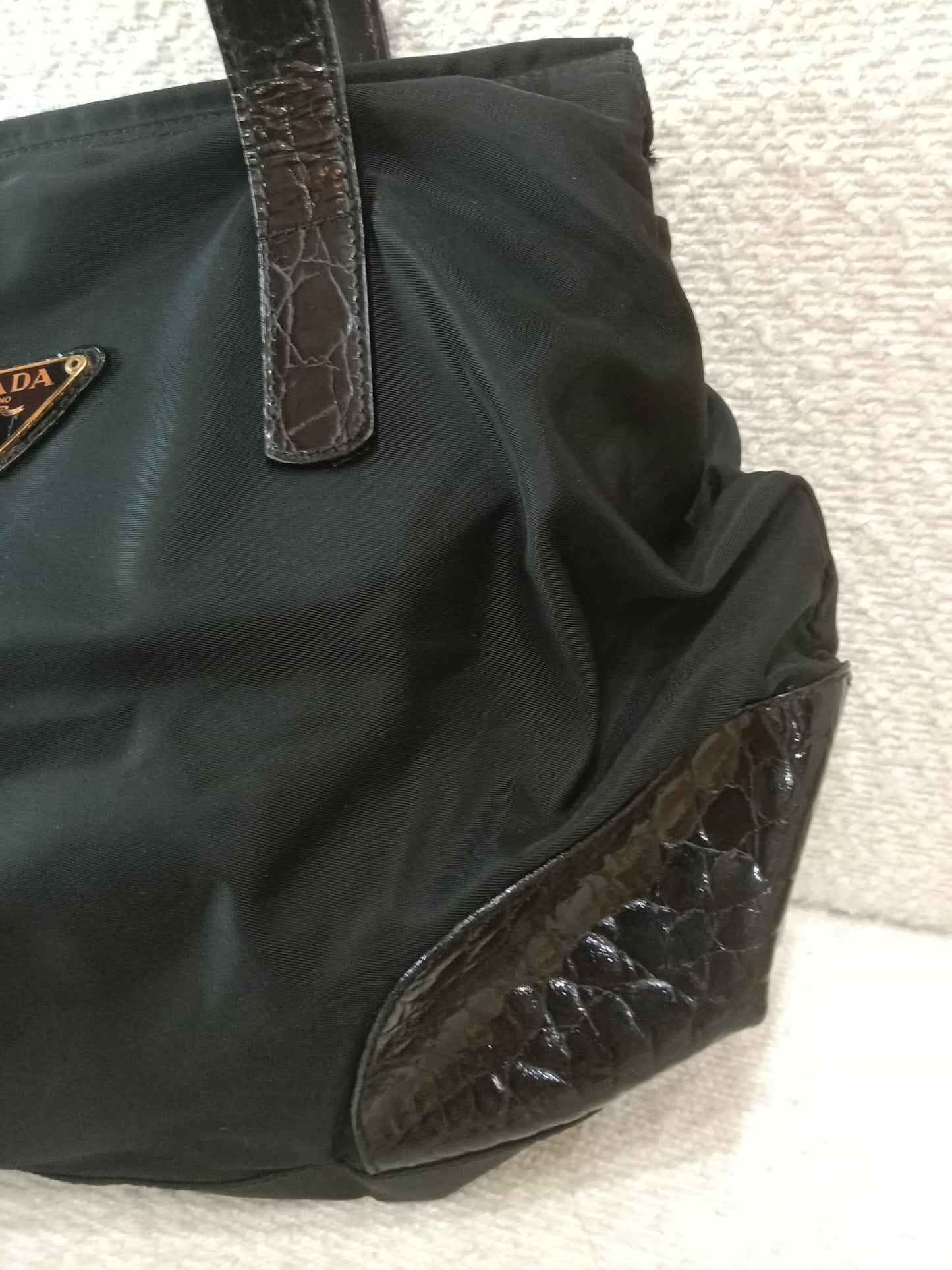 Prada Vintage Tessuto Tote Nylon/Crocodile Embossed Leather Bag