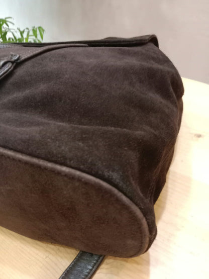 Chanel Vintage Karl Lagerfeld Dark Brown Suede Backpack featuring stitched CC Logo Flap Series 5