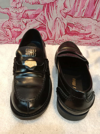 Miu Miu Brushed Penny Loafers Leather Black Size 35