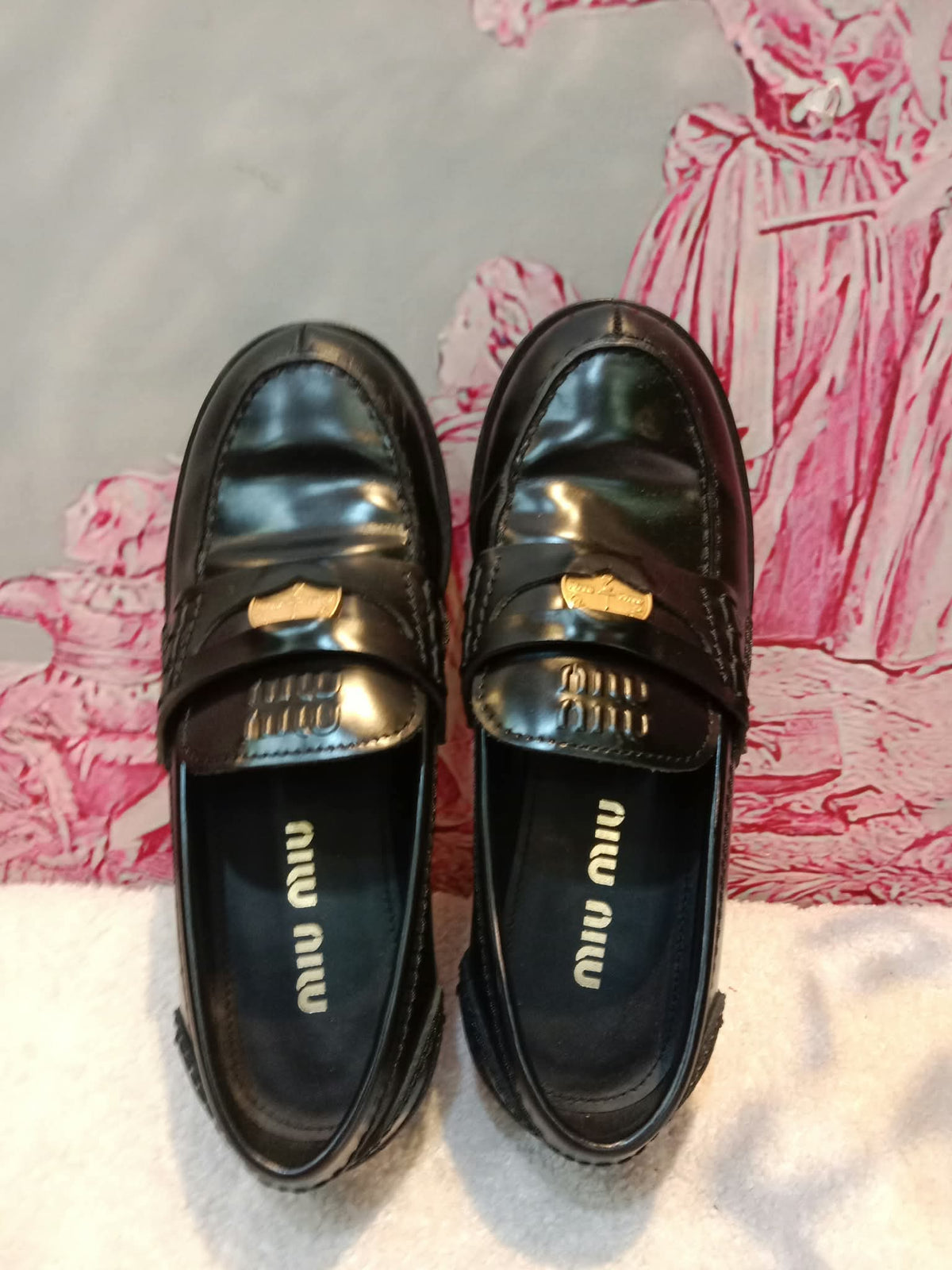 Miu Miu Brushed Penny Loafers Leather Black Size 35