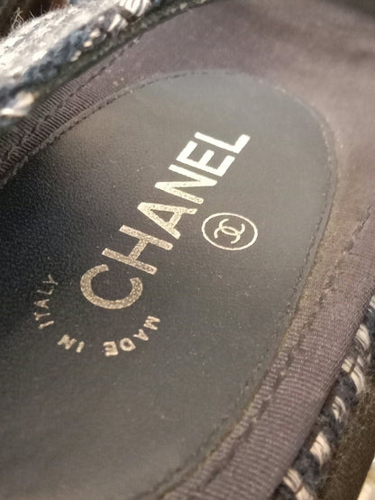 Chanel Navy Tweed Faux Pearl Trimmed Sandals Size 37