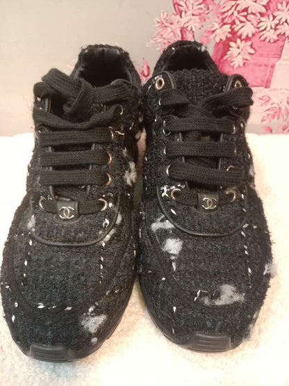 Chanel Tweed Sneakers Silver CC Logo 39 1/2